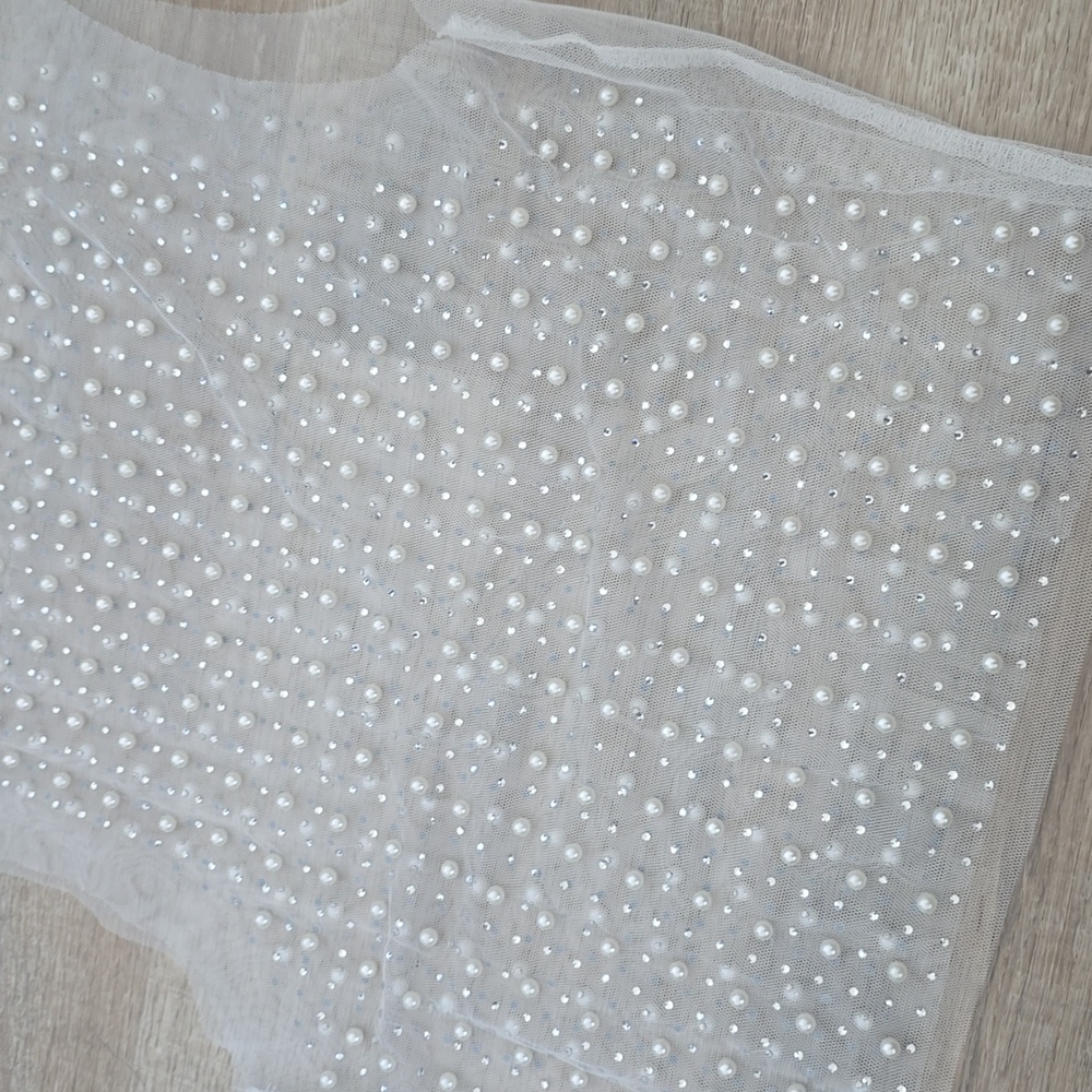 Sheer Mesh White Pearl + Silver Rhinestone Crop Tank Top - Picture 3 of 3